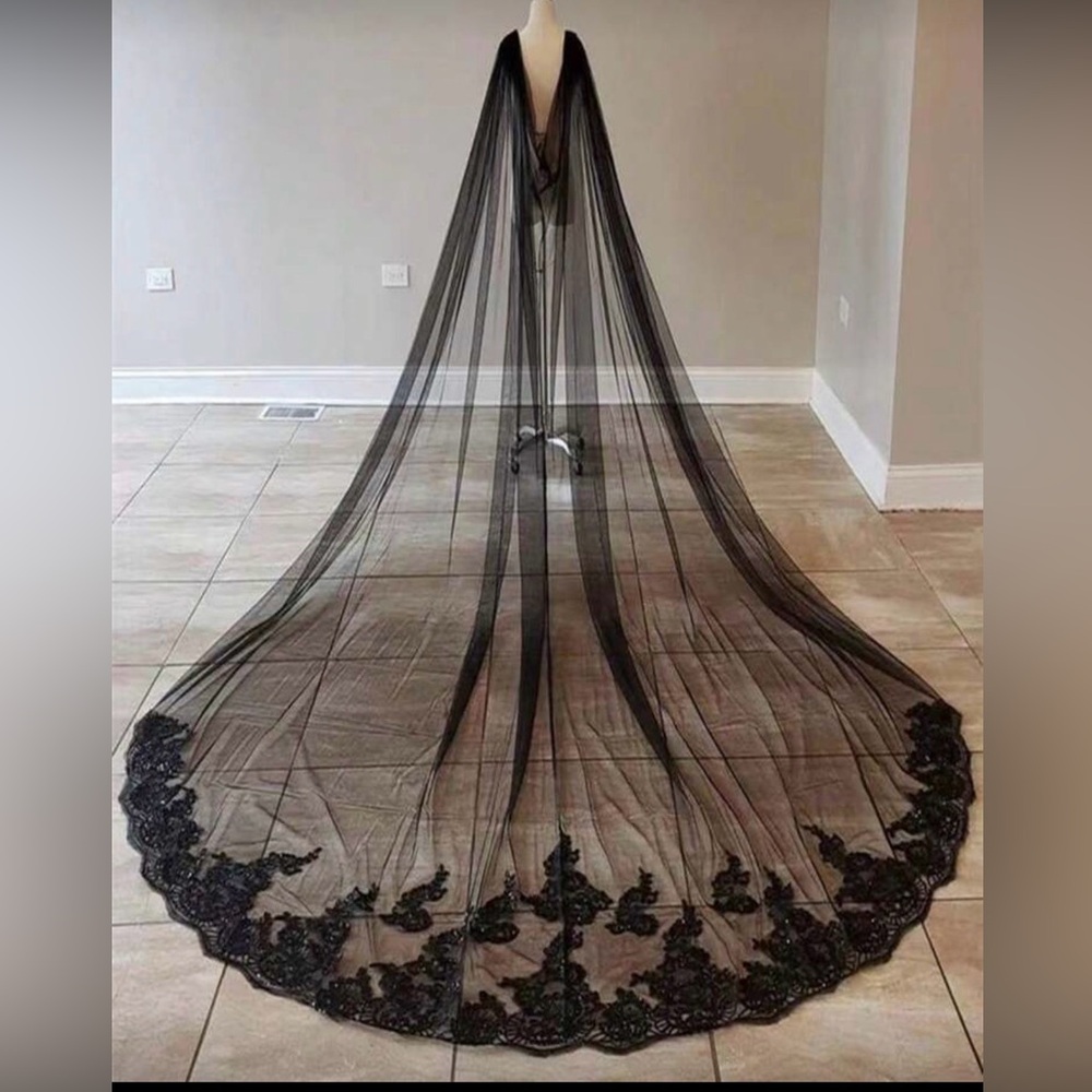 Elegant Black Sheer Lace-Edged Cathedral Veil